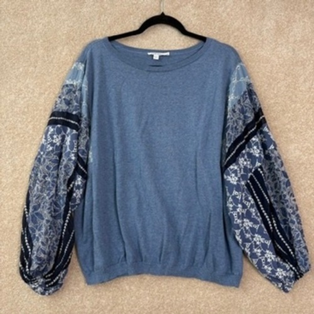 CHICO'S Long Sleeve Boho Top Women's XXL Blue Lace Embroidered Pullover